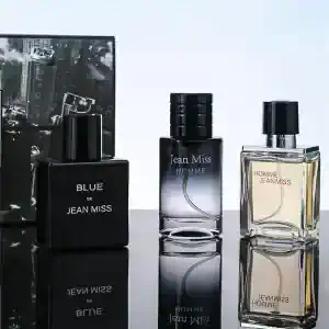Luxurious men's fragrances displayed with sleek black and transparent bottles, highlighting the Jean Miss Homme collection for elegant scent choices.