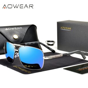 High-quality AOWEAR sunglasses featuring mirrored blue lenses, black and silver frames, and stylish accessories including a leather case and cleaning cloth for premium eye protection.