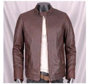 Brown leather men's jacket with zippered pockets and stand collar, stylish casual outerwear for cold weather. Perfect for modern fashion and everyday wear.