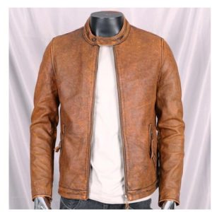 Genuine brown leather men's jacket with stand collar and front zipper closure, stylish and durable for casual and formal wear.