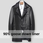 Black leather winter coat, men's stylish outerwear, premium quality fashion jacket for cold weather, trendy black leather coat with goose down liner, fashionable men's outerwear for winter warmth.