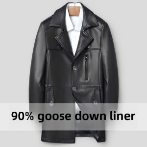 Black leather winter coat, men's stylish outerwear, premium quality fashion jacket for cold weather, trendy black leather coat with goose down liner, fashionable men's outerwear for winter warmth.