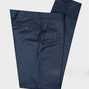 Perfect blue pinstripe dress pants for formal occasions and business wear, made with high-quality fabric for a sleek, professional look. Ideal for office settings and special events.