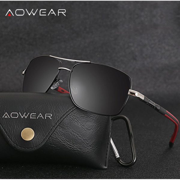 Sunglasses with black lenses and metal frame resting on a black leather case with AOWEAR logo, featuring a carabiner clip for easy carrying, perfect for stylish eye protection and outdoor activities.