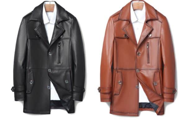 Black and brown leather coats for men displayed on hangers, showcasing stylish and high-quality outerwear options. Perfect for fall and winter fashion, combining elegance with functionality.