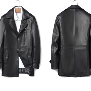 Black leather trench coat with button details, stylish and durable outerwear perfect for fall and winter seasons. Unisex design suitable for any wardrobe.