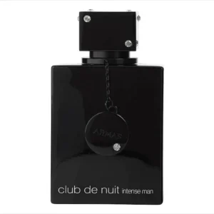 Dark black men's perfume bottle for DeoVeritas Club de Nuit Intense Man, sleek design with modern style, ideal for confident and bold fragrances.