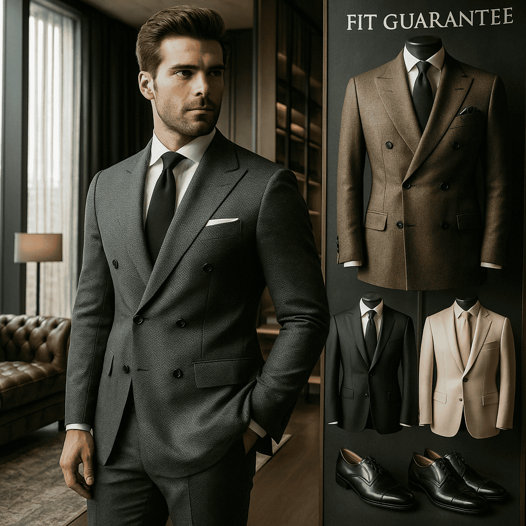 Elegant gray double-breasted suit worn by a male model in a luxury clothing store, showcasing formal business attire for men.
