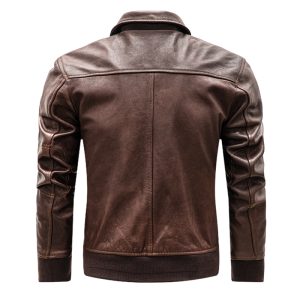 Brown leather men's jacket with detailed stitching and ribbed cuffs, perfect for casual wear and stylish fashion statements.