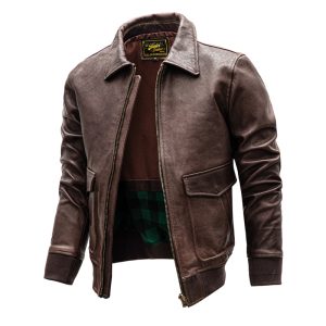 Vintage brown leather bomber jacket with zip closure and ribbed cuffs, stylish outerwear for men’s casual fashion.