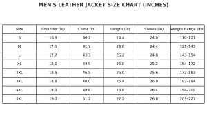 Mens leather jacket size chart, shoulder, chest, length, and sleeve measurements for various sizes, including small to 5XL, with weight ranges in pounds.
