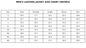 Men's leather jacket size chart showing measurements in inches for various sizes from small to 5XL. Ideal for online product listings and size guides.