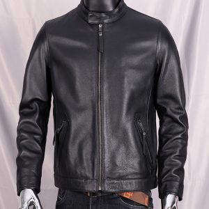Luxury black leather men's jacket with a stand-up collar, front zipper closure, and zippered pockets, perfect for stylish and versatile fall and winter outfits.