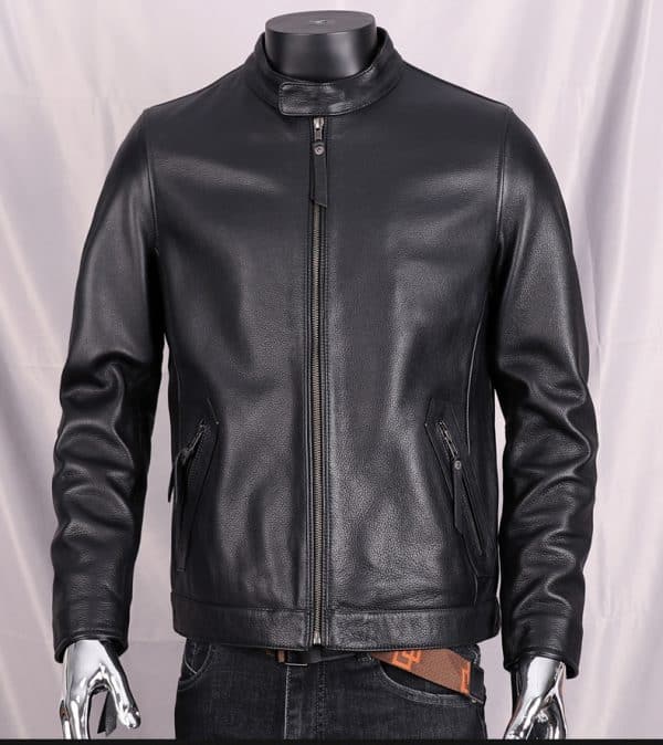 Sleek black leather men's jacket with a modern stand collar, zip-up front, and zippered side pockets, perfect for stylish casual or semi-formal wear.