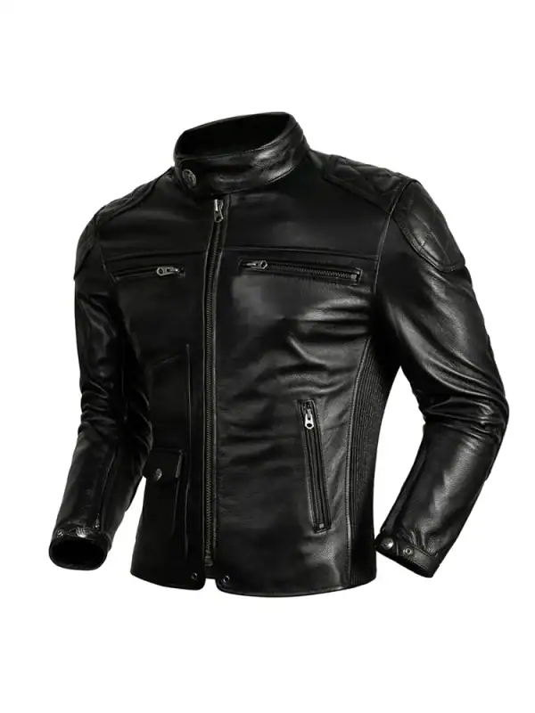 Black leather men's motorcycle jacket with zippered pockets and stand collar for stylish protection. Perfect for bikers and fashion enthusiasts.