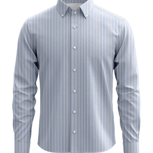 Classic men's dress shirt with blue and white vertical stripes, button-down collar, and long sleeves, ideal for professional and formal occasions.