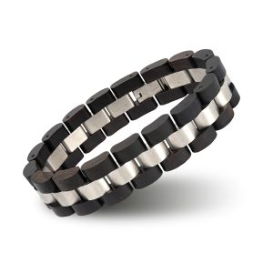 Stainless steel and wooden bead bracelet featuring a modern, stylish design for men's accessories. Perfect for casual or elegant outfits, highlighting craftsmanship and premium materials.