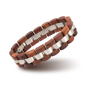 Smooth wooden and stainless steel beaded bracelet with adjustable strap, stylish jewelry accessory for men and women. Perfect for casual and formal wear, featuring natural wood accents.