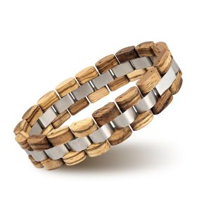 Natural wooden and stainless steel bracelet, eco-friendly jewelry, stylish accessory, handcrafted design, sustainable fashion statement.