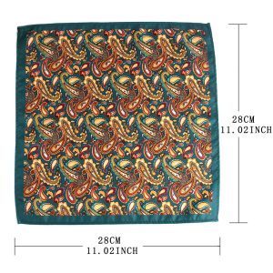 Vibrant paisley patterned silk scarf with teal border, perfect for fashion and accessories, measuring 28cm x 28cm, showcasing elegant and intricate design.