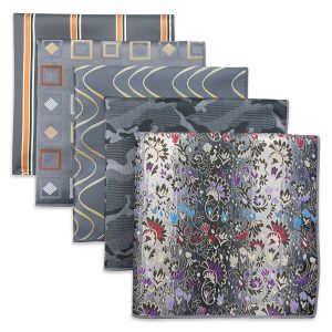 Luxurious patterned silver and black men's handkerchiefs with floral, geometric, and wave motifs for elegant style and versatile accessory options.