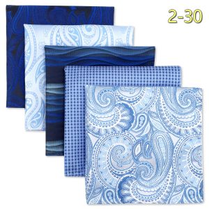 Vibrant blue patterned bandanas in assorted designs, perfect for fashion, accessories, or crafts, available in size 2-30 for versatile uses.