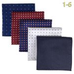 Necktie pocket square collection with blue, red, and white polka dot patterns for formal menswear accessories.