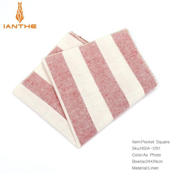 Soft linen pocket square with red and white striped pattern for elegant men's accessories. Perfect for adding a stylish touch to formal or casual outfits. SKU: HSIA-1251.