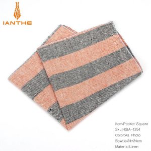 Striped linen pocket square with peach and gray horizontal bands for men's fashion accessories.