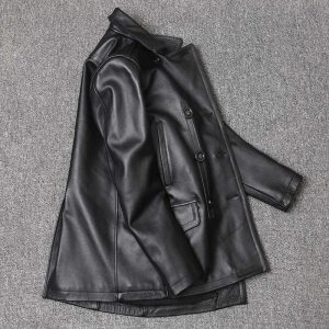Luxury black leather coat with detailed stitching, front zipper, and stylish design perfect for sophisticated fashion.