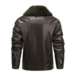 Premium brown leather jacket with a cozy shearling collar, stylish and durable for men, perfect for cold weather and outdoor activities.