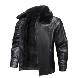 Luxurious black leather jacket with a soft fur collar, offering warmth and style for cold weather. Perfect for fashion-forward individuals seeking premium outerwear.