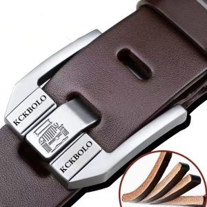 Luxurious brown leather belt with a sleek silver buckle engraved with a car icon, offering stylish sophistication and durability for men's fashion accessories.