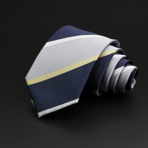 Men's stylish striped silk tie with navy blue, white, gray, and beige colors, perfect for professional and formal occasions.