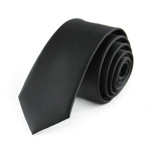 Smooth black men's necktie for formal occasions, versatile accessory for professional and stylish outfits. High-quality satin fabric for a polished look.