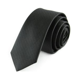 Black textured men's necktie, perfect for formal occasions and business attire, showcasing modern style and quality craftsmanship.