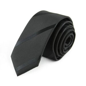 Elegant black silk necktie with subtle diagonal stripe pattern, perfect for formal or business occasions. Crafted from high-quality fabric for a sophisticated and stylish look.