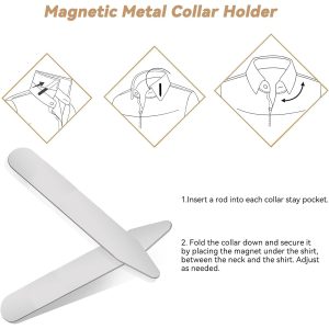 A magnetic metal collar holder with step-by-step instructions for securing shirt collars using a magnetic tool. The image highlights the process of inserting a rod, folding the collar, and attaching it securely with a magnet. Perfect for maintaining crisp, professional shirt appearances.