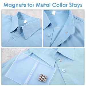 Magnetized metal collar stays for dress shirts, shown with light blue shirt collars, metal stays, and plastic cases. Perfect for maintaining crisp, professional shirt collars and easy to carry.