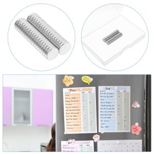 Magnetic refrigerator door magnets with fun creative shapes, including smiley faces and speech bubbles, used to organize and personalize family and work schedules.