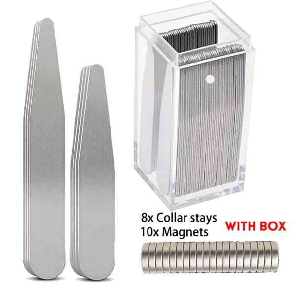 Professional magnetic collar stays with storage box for men's dress shirts and suits. Sleek, durable, and easy to organize magnetic shirt collar stays. Perfect for maintaining a crisp, sharp appearance.