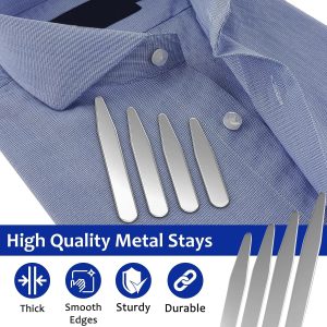 Stainless steel collar stays for shirt collar stiffening and maintenance. Reusable, durable, and designed with smooth edges for quality shirt care. Ideal for professional and formal dress shirts.
