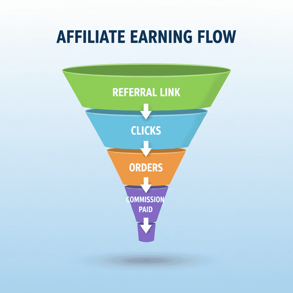 Referral link funnel for affiliate earning process illustrating steps from referral link to commission payment in a colorful infographic.