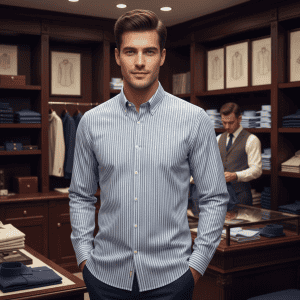 Luxury men's dress shirt in a high-end clothing boutique store with wooden shelves and fashion sketches on the wall.