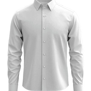 Elegant white dress shirt with button-down collar, perfect for formal or business attire, featuring a tailored fit for a sophisticated look.