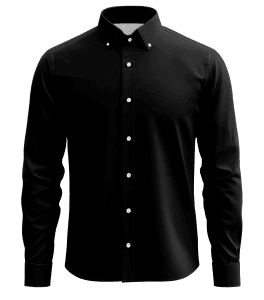 Elegant black men's dress shirt with white buttons, perfect for formal or business attire, high-quality fabric, and tailored fit. Ideal for professional, sophisticated style.