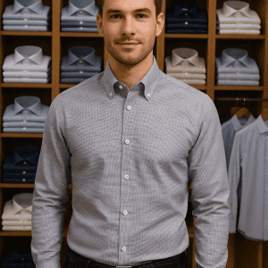 Classic men's dress shirt in light blue with subtle checkered pattern, tailored fit, suitable for business or formal occasions at DeoVeritas.