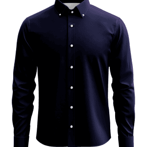 Men's dark navy dress shirt with button-down collar and white buttons, tailored for formal business wear, made from high-quality fabric.
