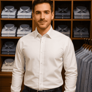 Classic men's white dress shirt displayed in a clothing store, men's fashion, formal wear, business attire, stylish grooming, DeoVeritas.