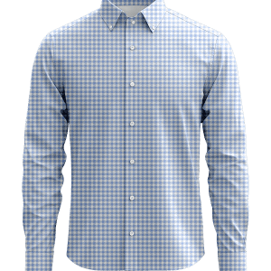 Modern men's dress shirt with blue and white gingham pattern, button-down collar, and tailored fit, ideal for professional or casual occasions.